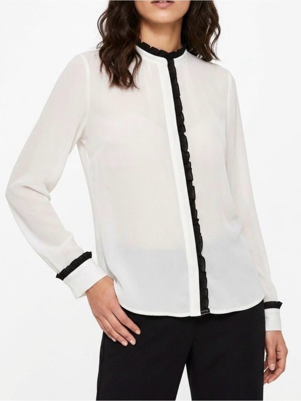 Zara Ruffled White and Black Long Sleeve Blouse XS